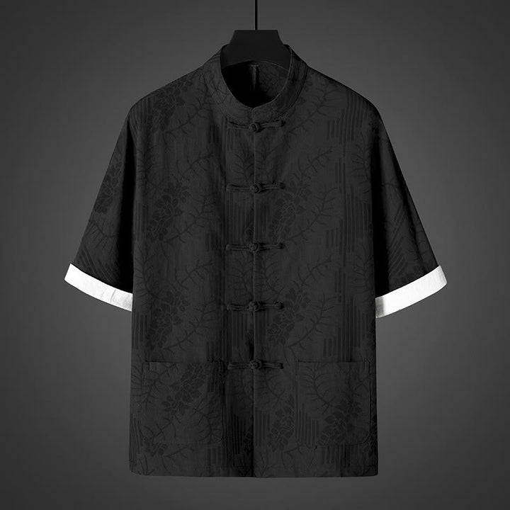 Buddha Stones Camisa de algodón para hombre con estampado floral y botones de rana de verano de media manga - Negro - US/UK/AU46, EU56 (5XL) - image 2