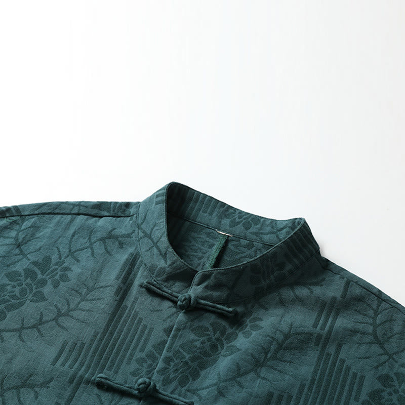 Buddha Stones Camisa de algodón para hombre con estampado floral y botones de rana de verano de media manga - image 7