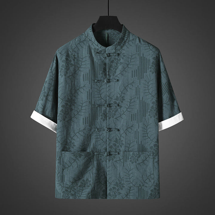 Buddha Stones Camisa de algodón para hombre con estampado floral y botones de rana de verano de media manga - Verde azulado - US/UK/AU46, EU56 (5XL) - image 4