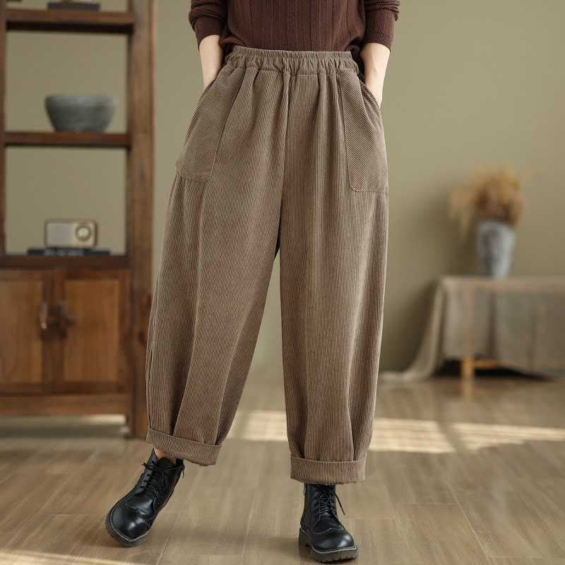 Pantalones harén de pana para mujer, de diseño sencillo, hasta los tobillos, de color liso y con bolsillos , de Buddha Stones, para invierno - Broncearse - US8-10，UK/AU12-14，EU40-42 (2XL) - image 6