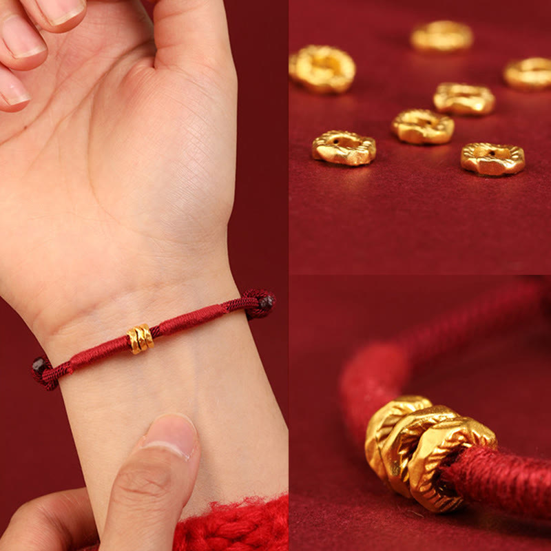 Buddha Stones Pulsera de tobillo trenzada de cuerda roja de la suerte hecha a mano con diseño de anillo de oro 999 - image 5