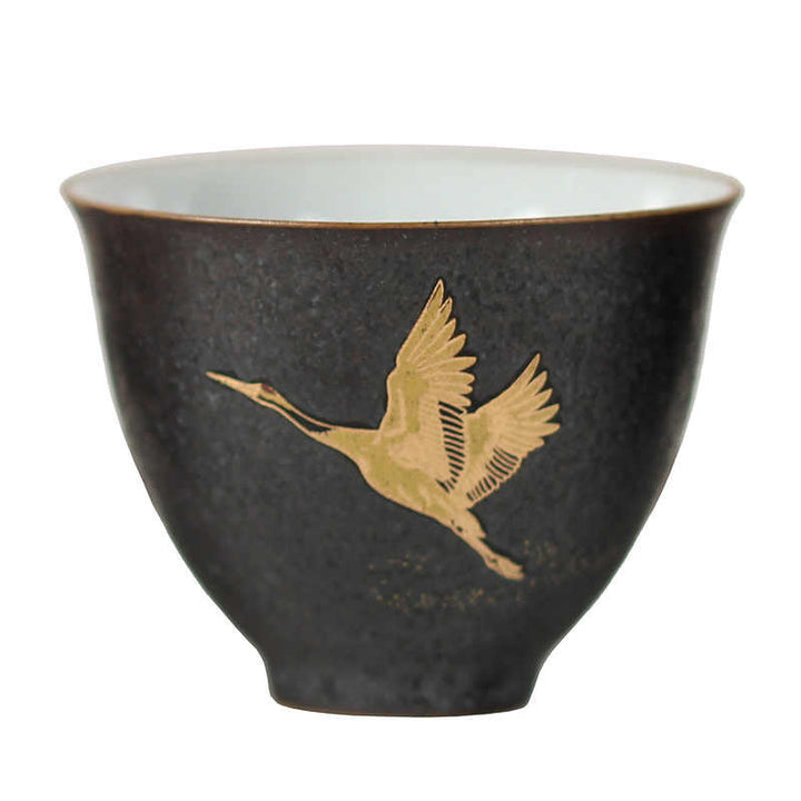 Buddha Stones Taza de té de cerámica pequeña con forma de grulla dorada pintada a mano, 40 ml - image 4
