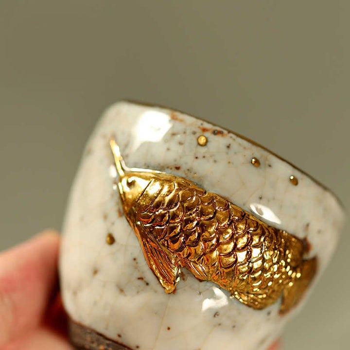 Buddha Stones Tetera de cerámica con forma de pez koi Arowana dorado hecha a mano - image 5
