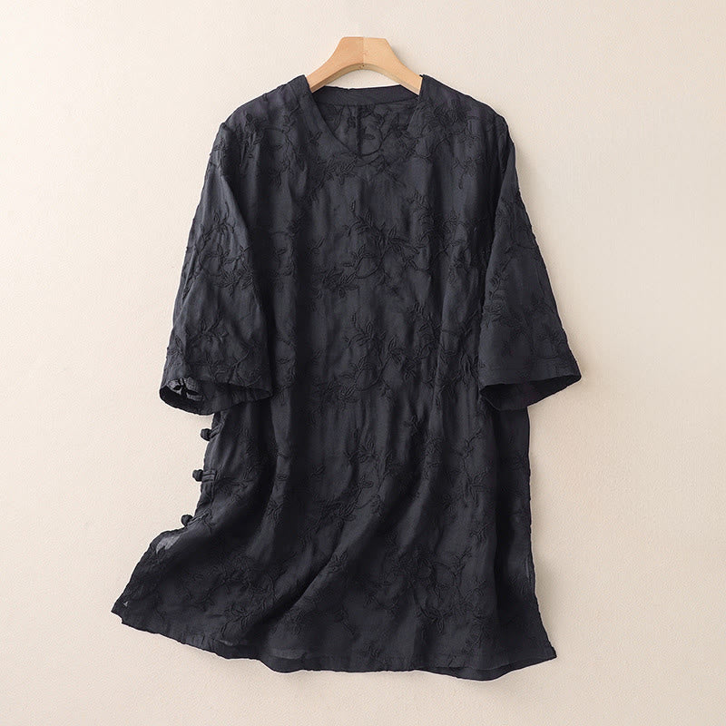 Buddha Stones Camisa de algodón para mujer con cuello en V, manga larga y estampado de hojas de primavera - Negro - US8-10，UK/AU12-14，EU40-42 (2XL) - image 8