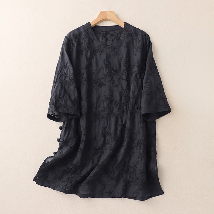 Buddha Stones Camisa de algodón para mujer con cuello en V, manga larga y estampado de hojas de primavera - Negro - US8-10，UK/AU12-14，EU40-42 (2XL) - image 8