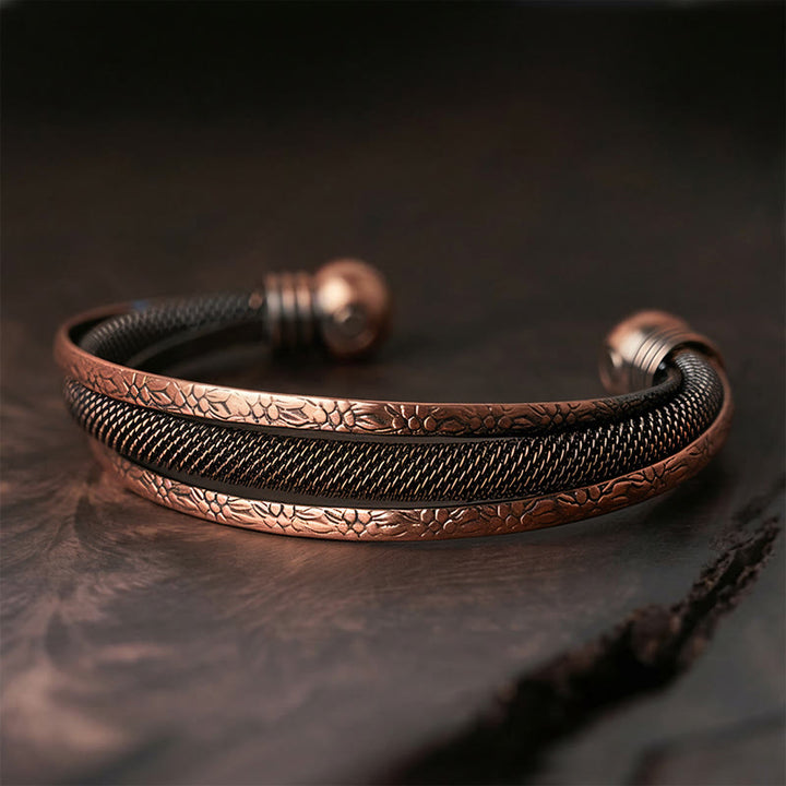 Buddha Stones Brazalete abierto de cobre trenzado con diseño de flores texturizadas retro para la suerte - Estampado (diámetro interior: 59 mm) - image 6