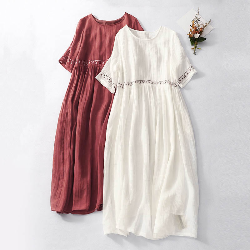 Vestido midi de manga corta con bordado de Buddha Stones en color liso y bolsillos. - image 0