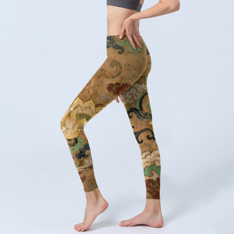 Buddha Stones Leggings de yoga para mujer con estampado tradicional de flor de loto y nubes - image 2