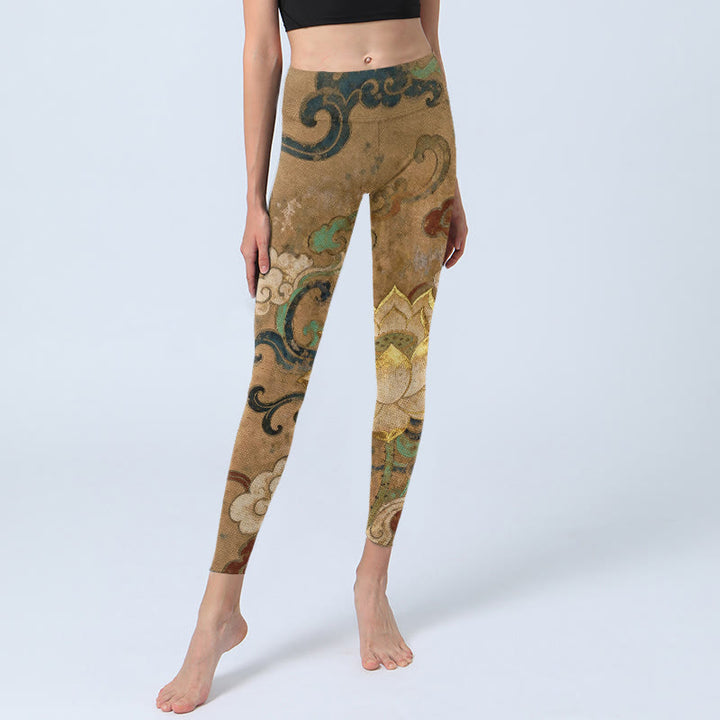 Buddha Stones Leggings de yoga para mujer con estampado tradicional de flor de loto y nubes - image 5