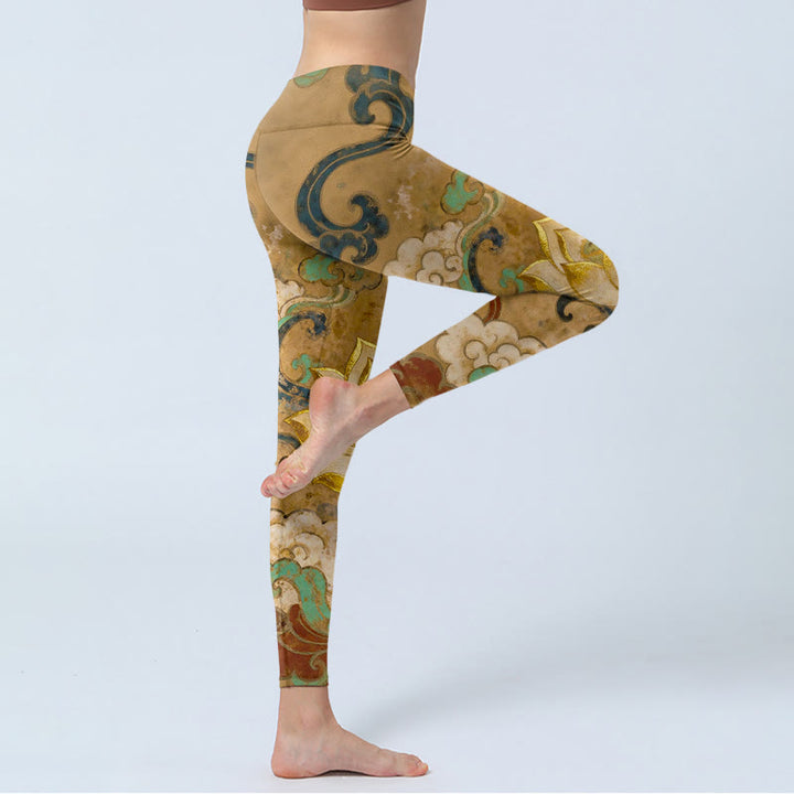 Buddha Stones Leggings de yoga para mujer con estampado tradicional de flor de loto y nubes - image 3