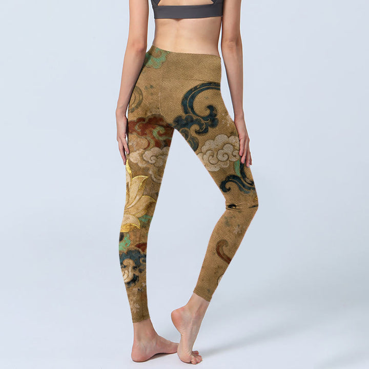 Buddha Stones Leggings de yoga para mujer con estampado tradicional de flor de loto y nubes - image 4