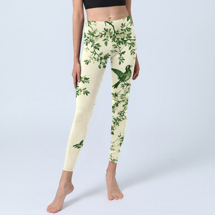 Buddha Stones Leggings de yoga para mujer con estampado de árbol fresco, flores, hojas y pájaros - image 5