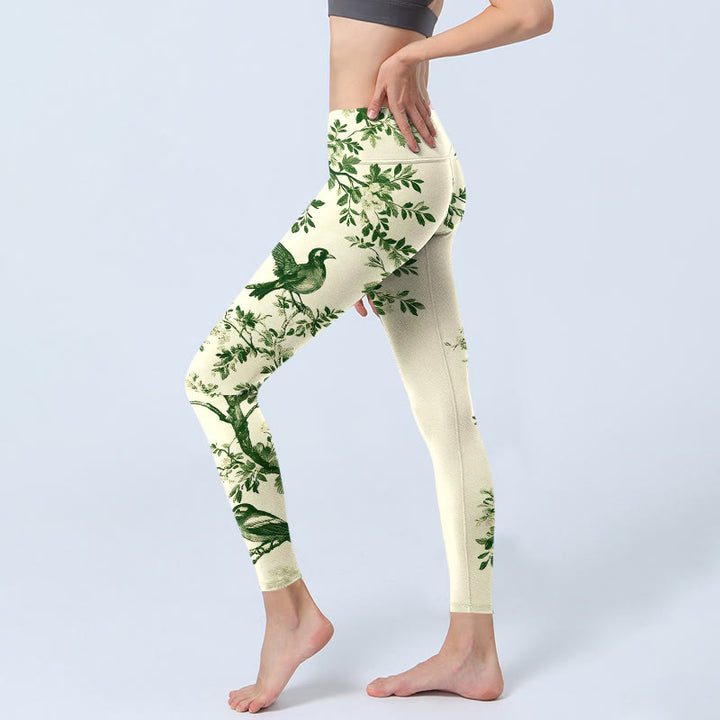 Buddha Stones Leggings de yoga para mujer con estampado de árbol fresco, flores, hojas y pájaros - image 2