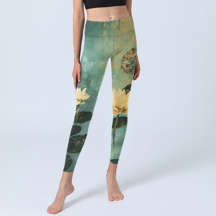 Buddha Stones Leggings de yoga para mujer con estampado clásico de flor de loto y hojas - image 5