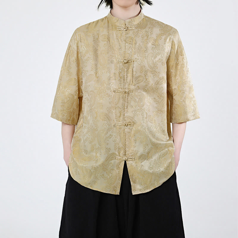 Buddha Stones Camisa de verano para hombre con media manga y estampado de flores y hojas de parra - Oro - US/UK/AU46, EU56 (5XL) - image 8