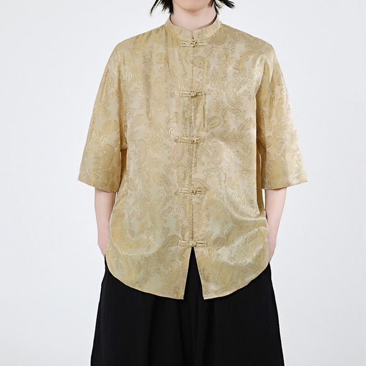 Buddha Stones Camisa de verano para hombre con media manga y estampado de flores y hojas de parra - Oro - US/UK/AU46, EU56 (5XL) - image 8