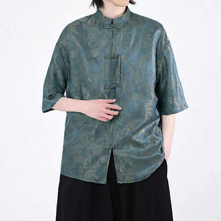 Buddha Stones Camisa de verano para hombre con media manga y estampado de flores y hojas de parra - image 5