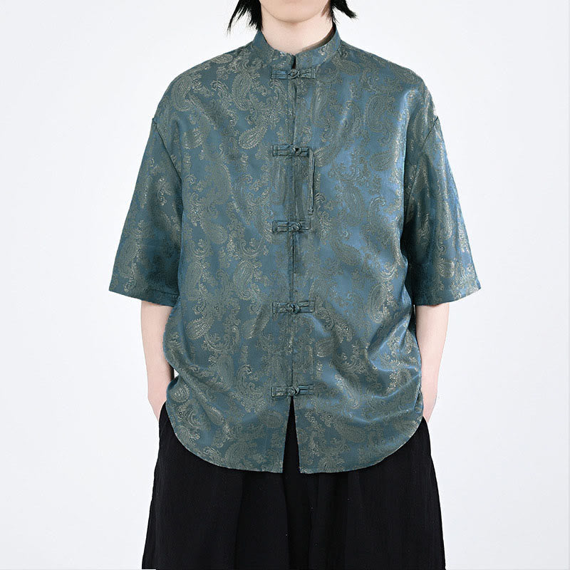 Buddha Stones Camisa de verano para hombre con media manga y estampado de flores y hojas de parra - Azul acero - US/UK/AU46, EU56 (5XL) - image 0