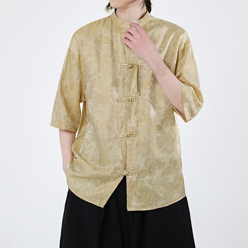 Buddha Stones Camisa de verano para hombre con media manga y estampado de flores y hojas de parra - image 13