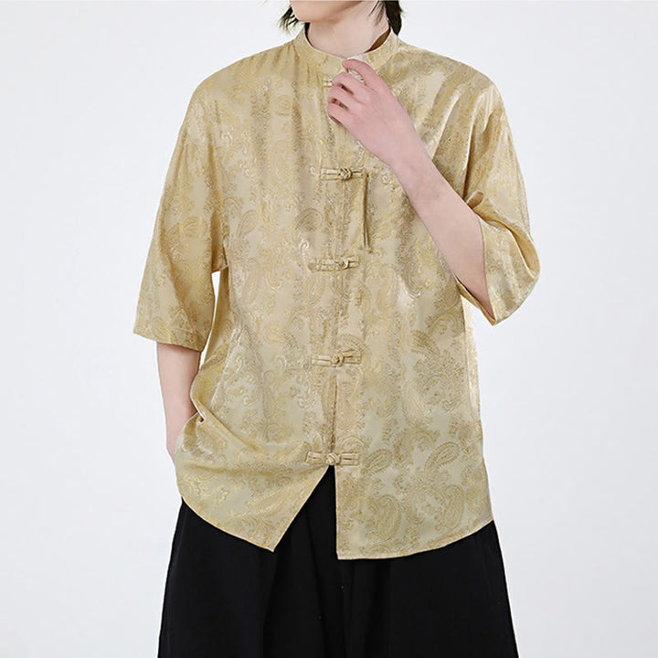 Buddha Stones Camisa de verano para hombre con media manga y estampado de flores y hojas de parra - image 13