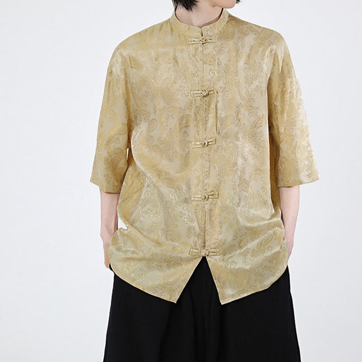Buddha Stones Camisa de verano para hombre con media manga y estampado de flores y hojas de parra - image 10