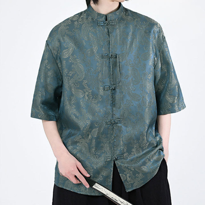 Buddha Stones Camisa de verano para hombre con media manga y estampado de flores y hojas de parra - image 3