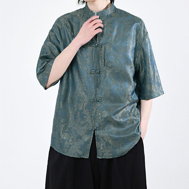 Buddha Stones Camisa de verano para hombre con media manga y estampado de flores y hojas de parra - image 4