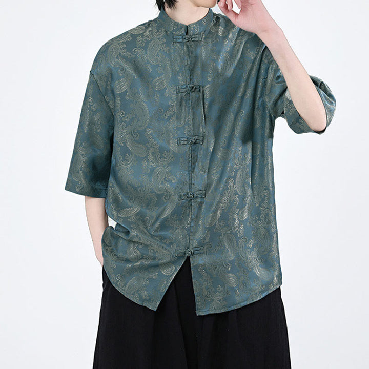 Buddha Stones Camisa de verano para hombre con media manga y estampado de flores y hojas de parra - image 2