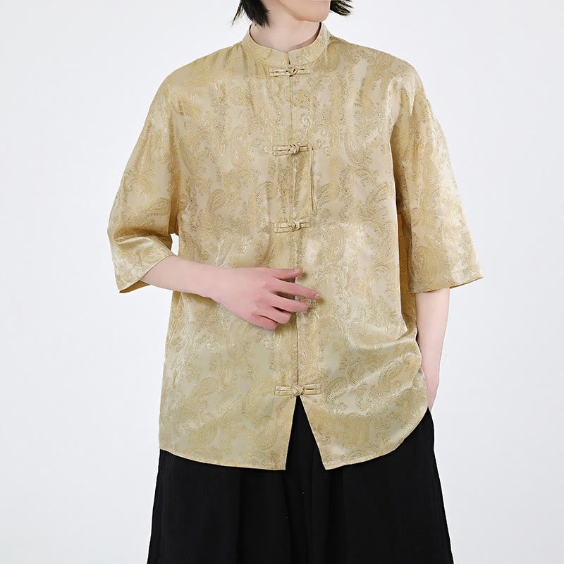 Buddha Stones Camisa de verano para hombre con media manga y estampado de flores y hojas de parra - image 11