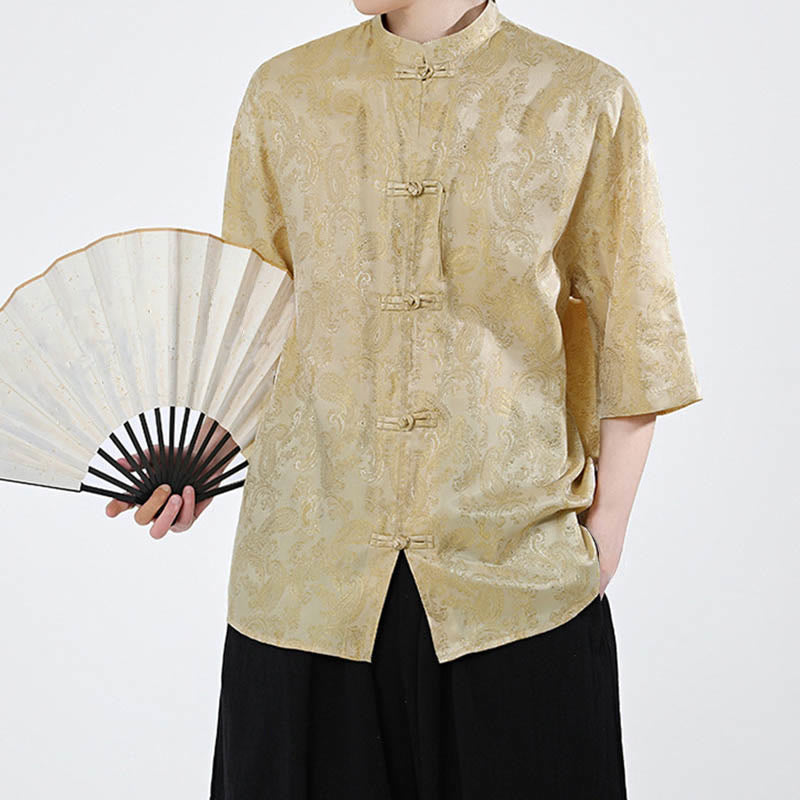 Buddha Stones Camisa de verano para hombre con media manga y estampado de flores y hojas de parra - image 9