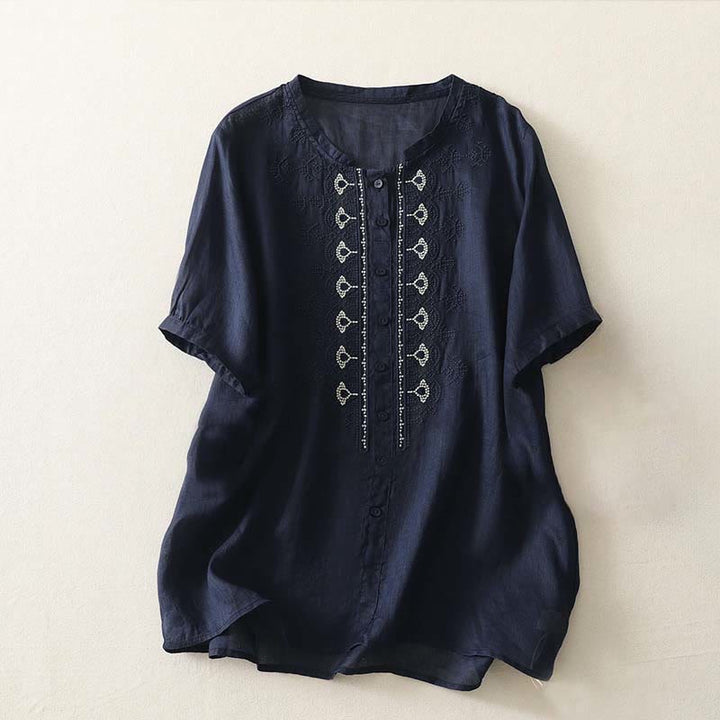 Buddha Stones Camisa de poliéster de manga corta con cuello redondo y estampado floral de verano para mujer - Azul medianoche - US12, UK/AU16, EU44 (2XL) - image 0