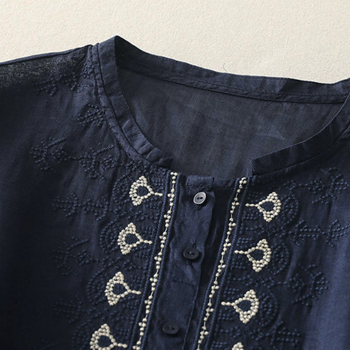 Buddha Stones Camisa de poliéster de manga corta con cuello redondo y estampado floral de verano para mujer - image 1