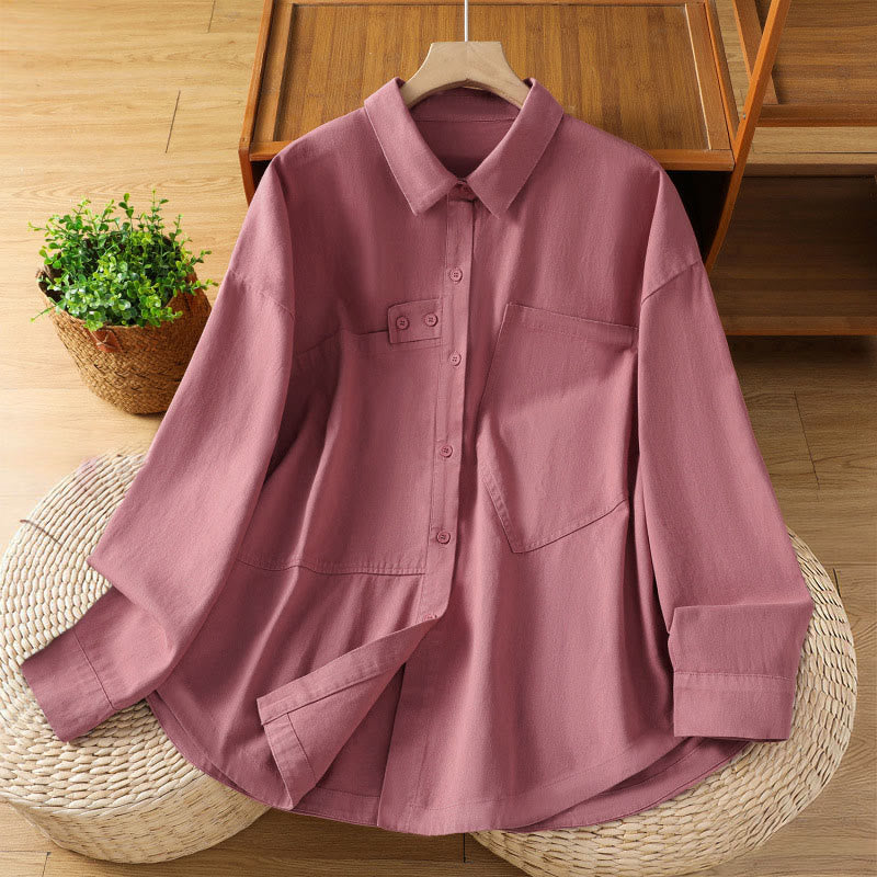 Buddha Stones Camisa de algodón de manga larga para mujer con solapa lisa y bolsillos de primavera - Rosa intenso - US12, UK/AU16, EU44 (2XL) - image 0