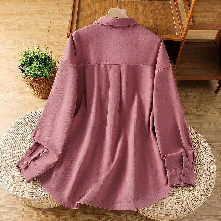 Buddha Stones Camisa de algodón de manga larga para mujer con solapa lisa y bolsillos de primavera - image 1
