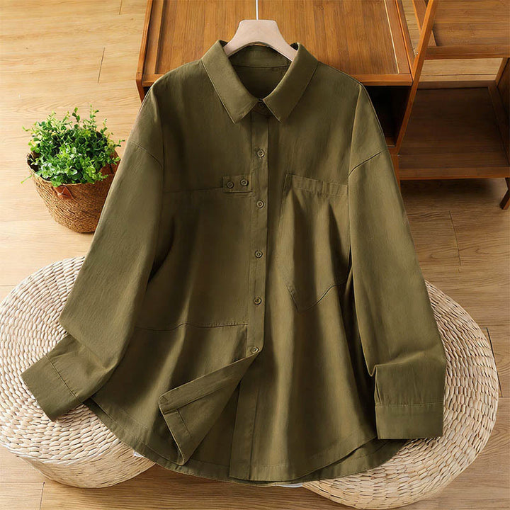 Buddha Stones Camisa de algodón de manga larga para mujer con solapa lisa y bolsillos de primavera - Aceituna - US12, UK/AU16, EU44 (2XL) - image 19