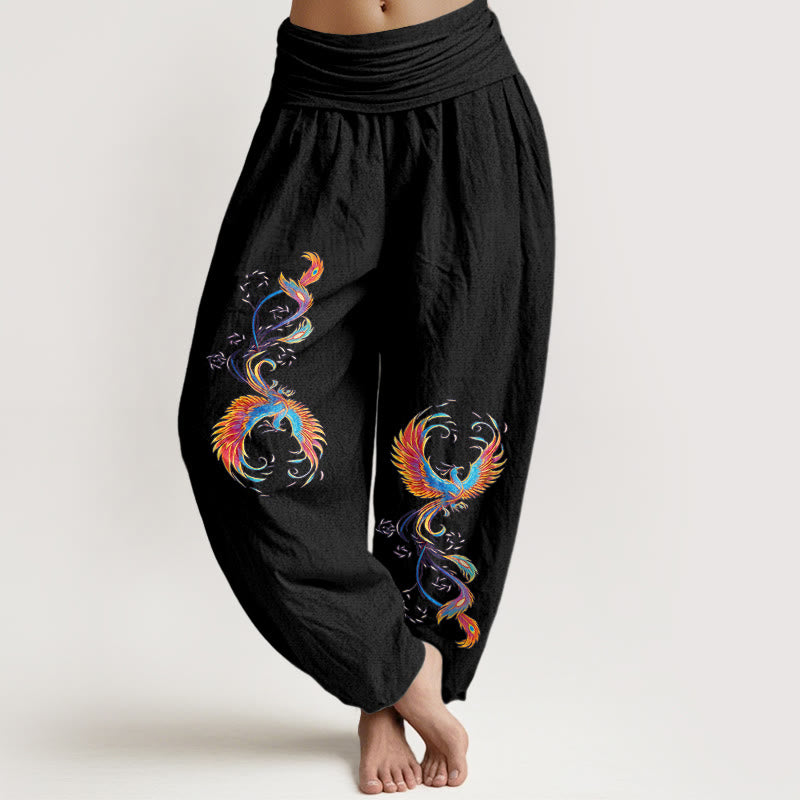 Buddha Stones Pantalones harén de algodón puro con cintura elástica y estampado de fénix para mujer - Negro - US16，UK/AU20，EU48 (3XL) - image 0