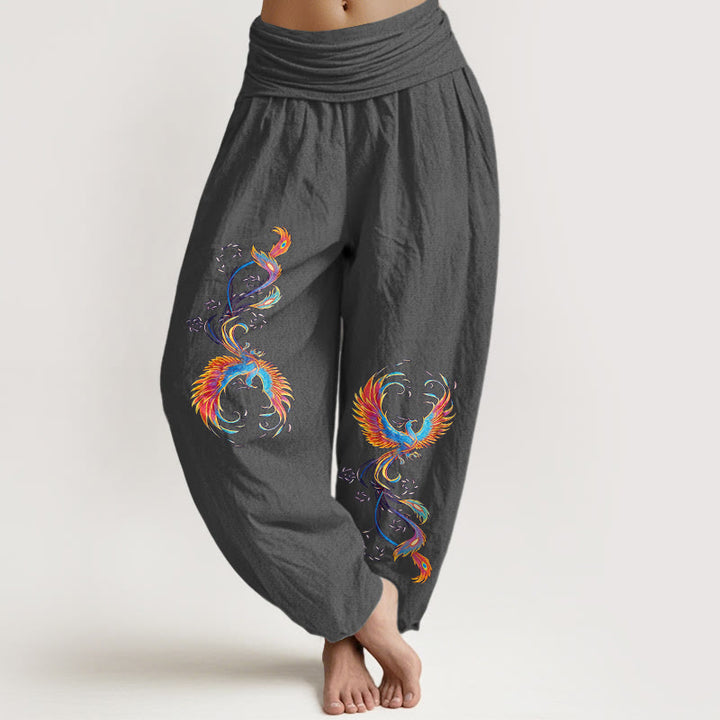 Buddha Stones Pantalones harén de algodón puro con cintura elástica y estampado de fénix para mujer - Gris oscuro - US16，UK/AU20，EU48 (3XL) - image 8