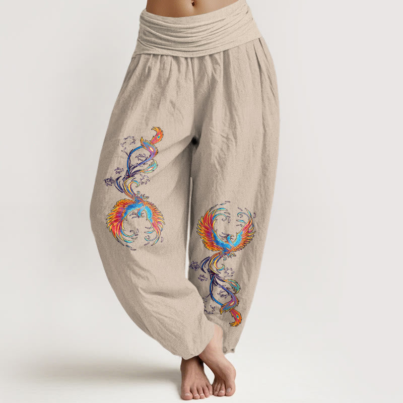 Buddha Stones Pantalones harén de algodón puro con cintura elástica y estampado de fénix para mujer - Broncearse - US16，UK/AU20，EU48 (3XL) - image 11