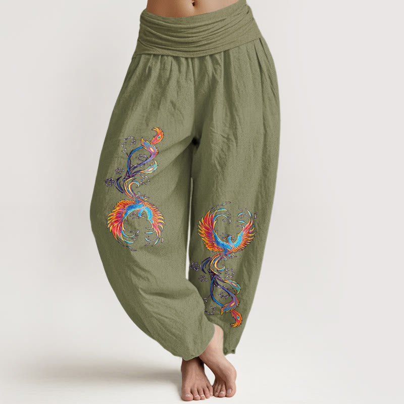 Buddha Stones Pantalones harén de algodón puro con cintura elástica y estampado de fénix para mujer - Verde oliva - US16，UK/AU20，EU48 (3XL) - image 14