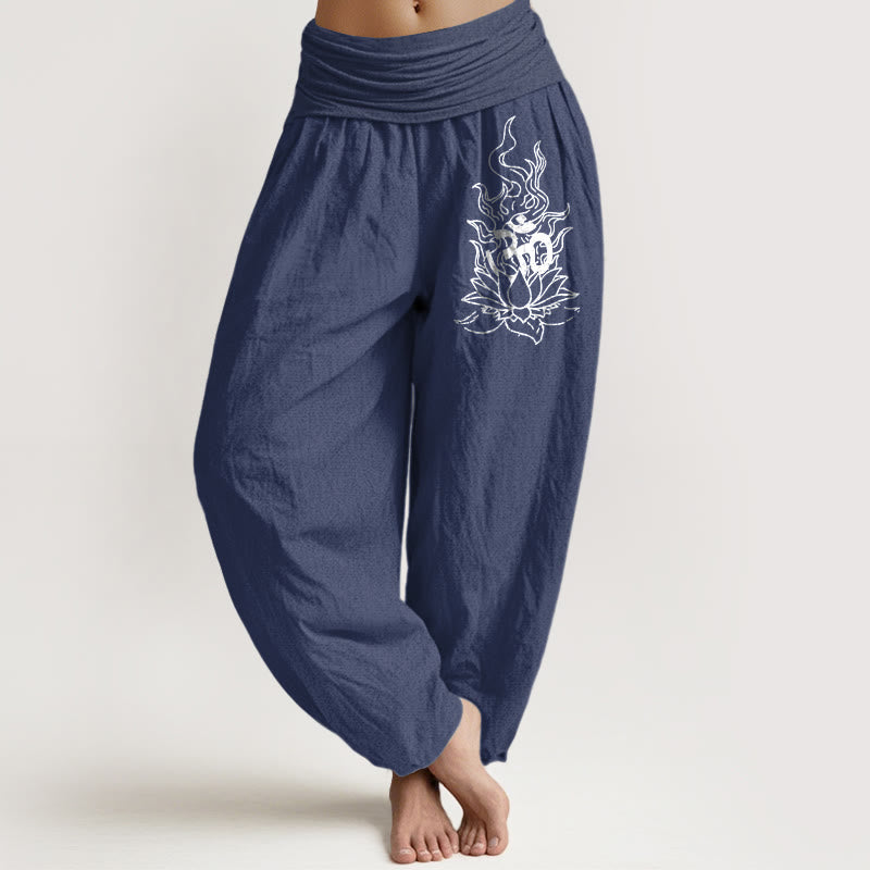 Buddha Stones Pantalones harén de algodón puro con diseño minimalista, símbolo Om, estampado de llama de loto, cintura elástica para mujer - Azul pizarra oscuro - US16，UK/AU20，EU48 (3XL) - image 0