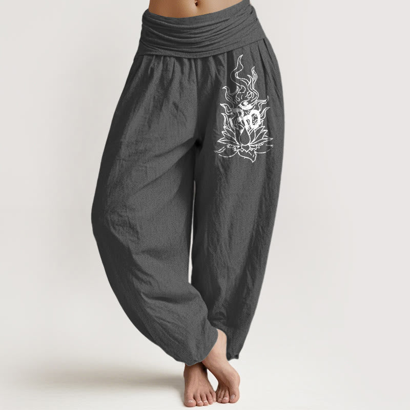 Buddha Stones Pantalones harén de algodón puro con diseño minimalista, símbolo Om, estampado de llama de loto, cintura elástica para mujer - image 8
