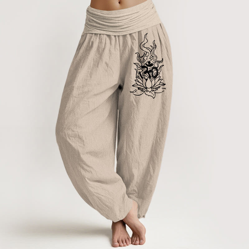 Buddha Stones Pantalones harén de algodón puro con diseño minimalista, símbolo Om, estampado de llama de loto, cintura elástica para mujer - image 11