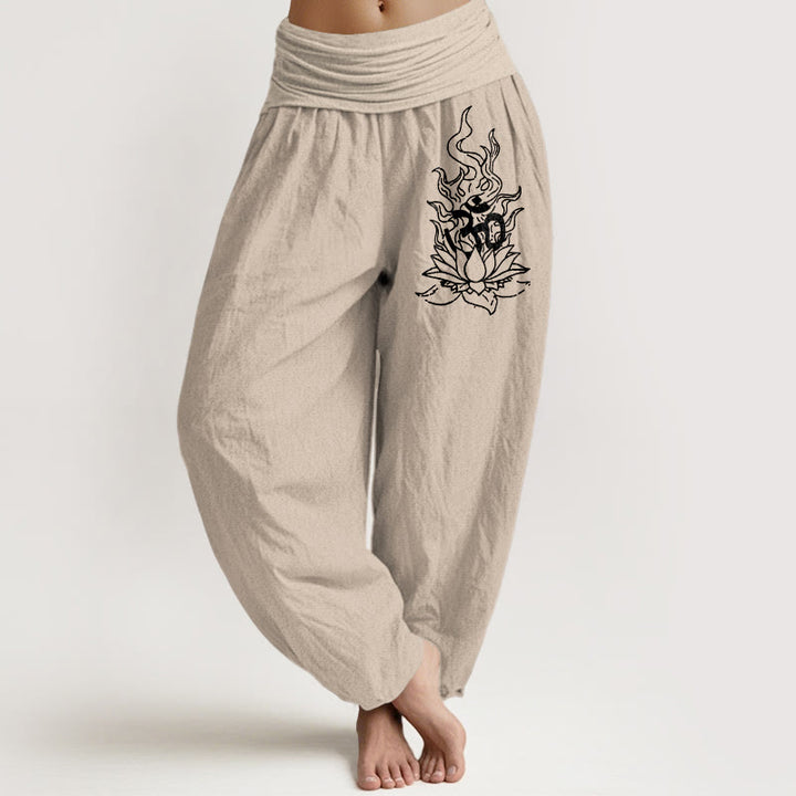 Buddha Stones Pantalones harén de algodón puro con diseño minimalista, símbolo Om, estampado de llama de loto, cintura elástica para mujer - image 11