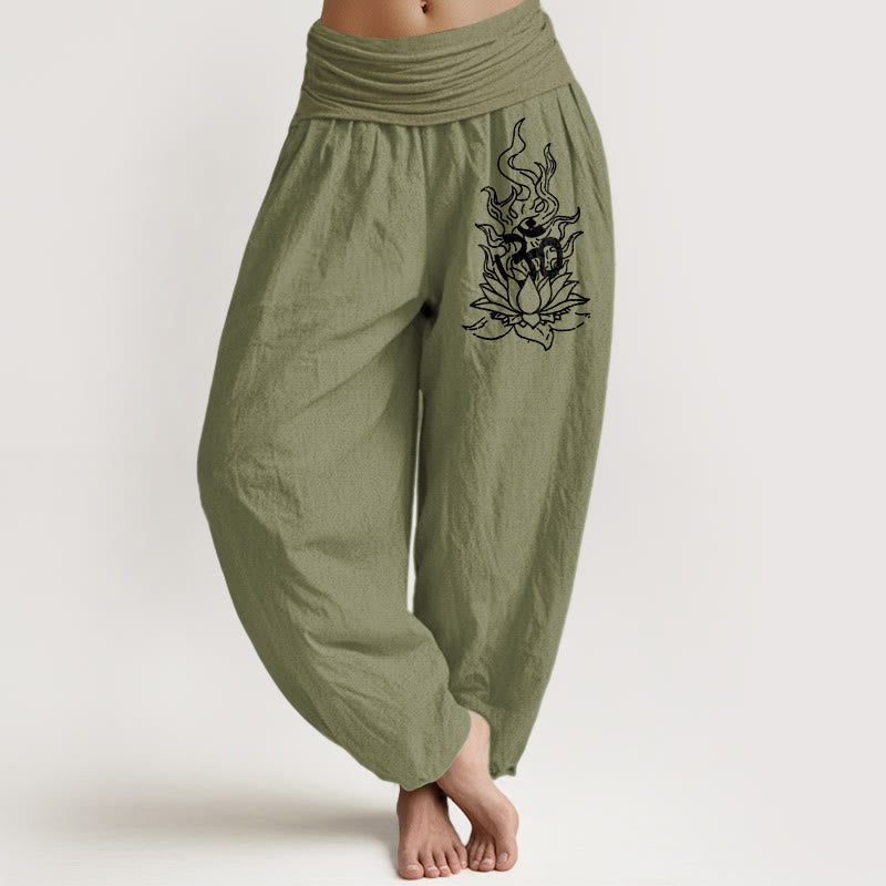 Buddha Stones Pantalones harén de algodón puro con diseño minimalista, símbolo Om, estampado de llama de loto, cintura elástica para mujer - image 14