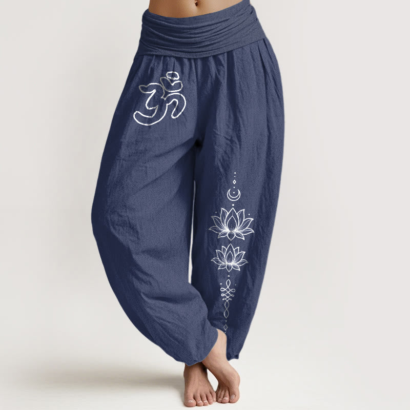 Buddha Stones Pantalones harén de algodón puro con diseño minimalista, símbolo Om, estampado de luna de loto, cintura elástica para mujer - Azul pizarra oscuro - US16，UK/AU20，EU48 (3XL) - image 5