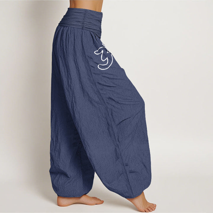Buddha Stones Pantalones harén de algodón puro con diseño minimalista, símbolo Om, estampado de luna de loto, cintura elástica para mujer - image 7