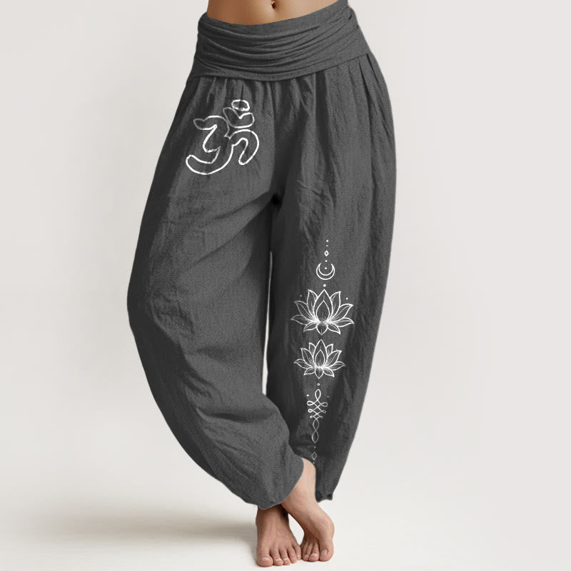 Buddha Stones Pantalones harén de algodón puro con diseño minimalista, símbolo Om, estampado de luna de loto, cintura elástica para mujer - Gris oscuro - US16，UK/AU20，EU48 (3XL) - image 8