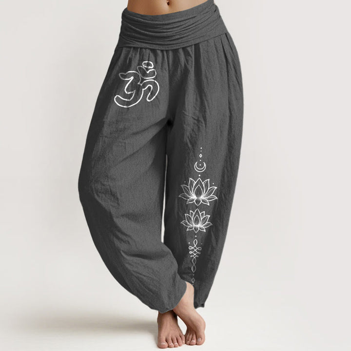 Buddha Stones Pantalones harén de algodón puro con diseño minimalista, símbolo Om, estampado de luna de loto, cintura elástica para mujer - Gris oscuro - US16，UK/AU20，EU48 (3XL) - image 8