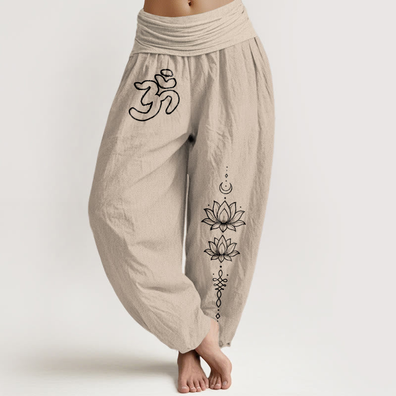 Buddha Stones Pantalones harén de algodón puro con diseño minimalista, símbolo Om, estampado de luna de loto, cintura elástica para mujer - Broncearse - US16，UK/AU20，EU48 (3XL) - image 11