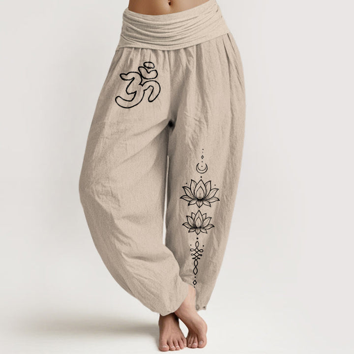 Buddha Stones Pantalones harén de algodón puro con diseño minimalista, símbolo Om, estampado de luna de loto, cintura elástica para mujer - Broncearse - US16，UK/AU20，EU48 (3XL) - image 11